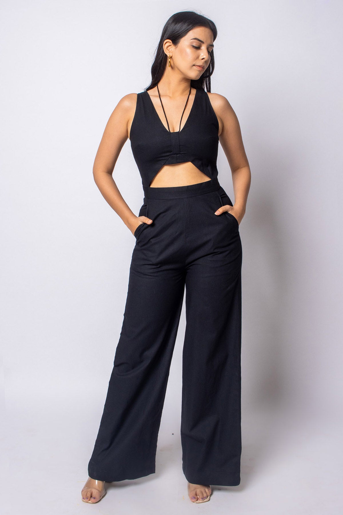 Buy Label J Black Cotton Cutout Jumpsuit at ScrollnShops