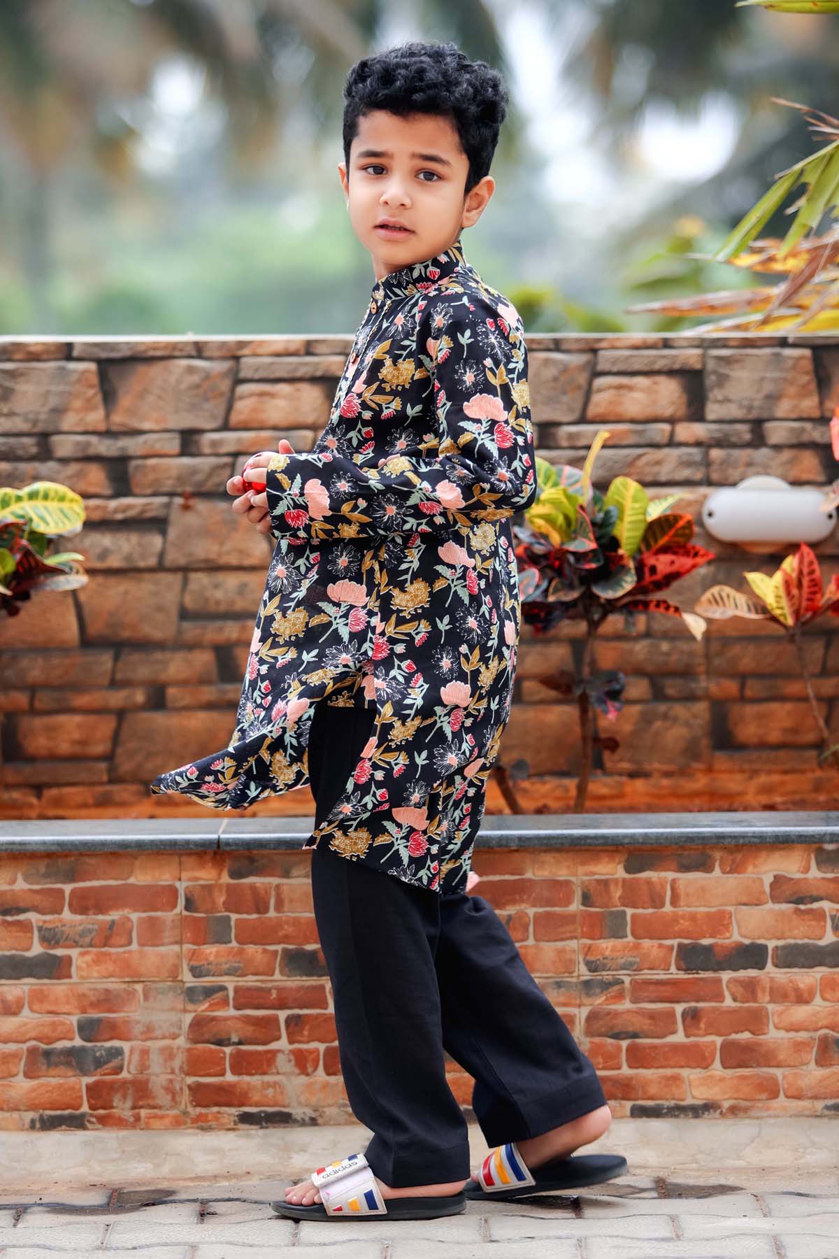 Black Cotton Floral Kurta Pyjama Set