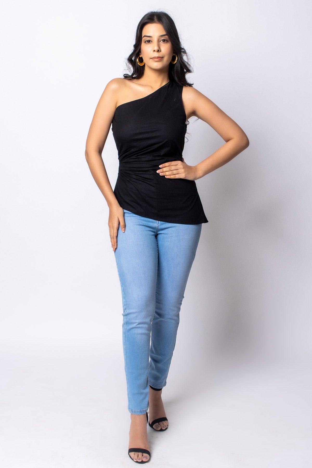 Black Cotton One Shoulder Top