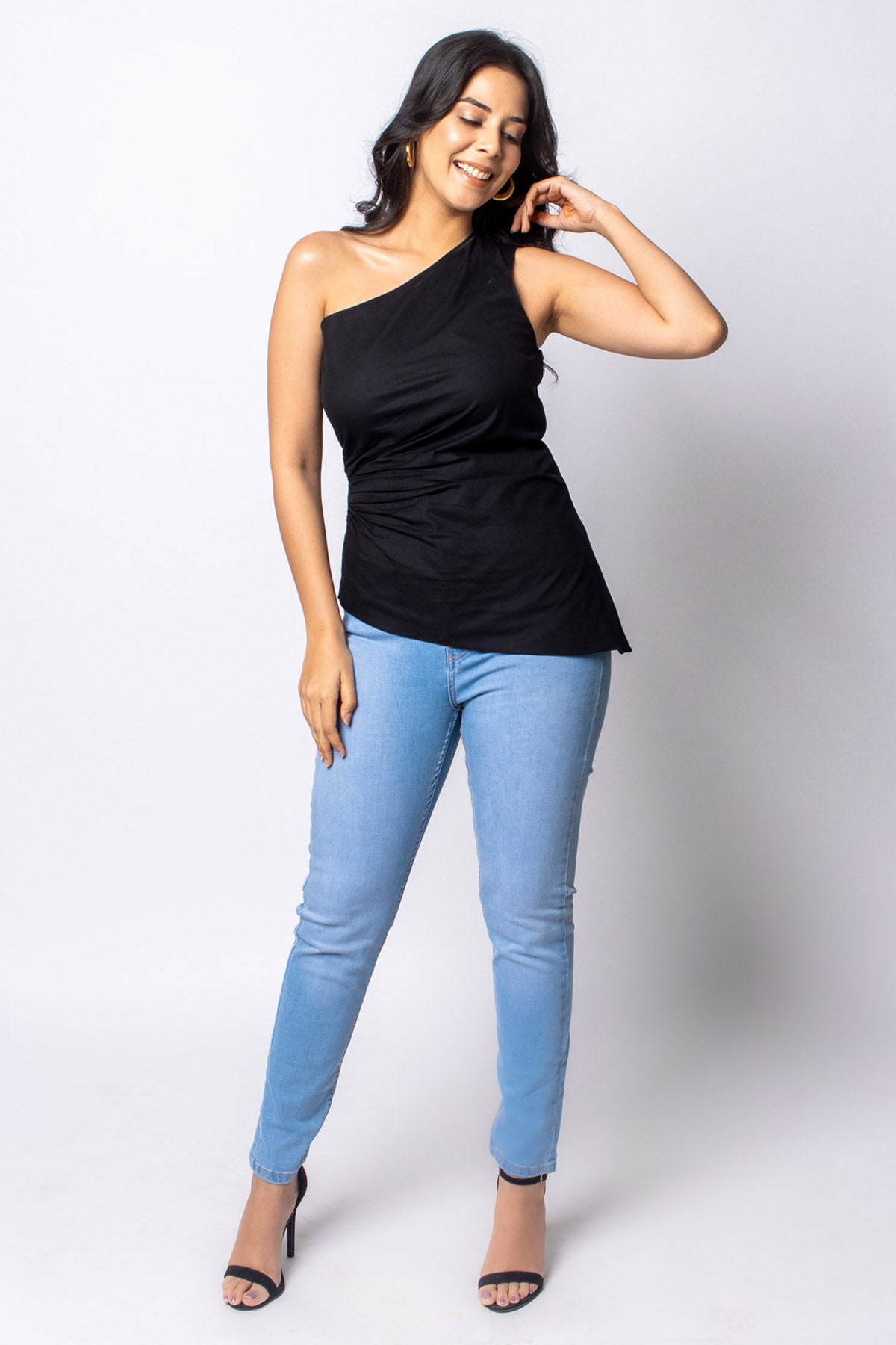 Buy Label J Black Cotton One Shoulder Top at ScrollnShops