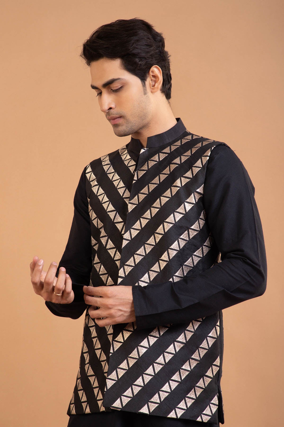 Black Cotton Silk Bundi Set