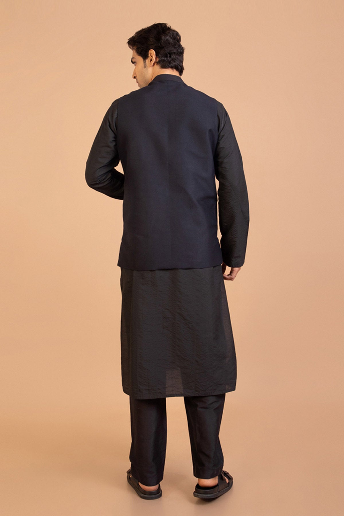 Black Cotton Silk Bundi & Kurta Set