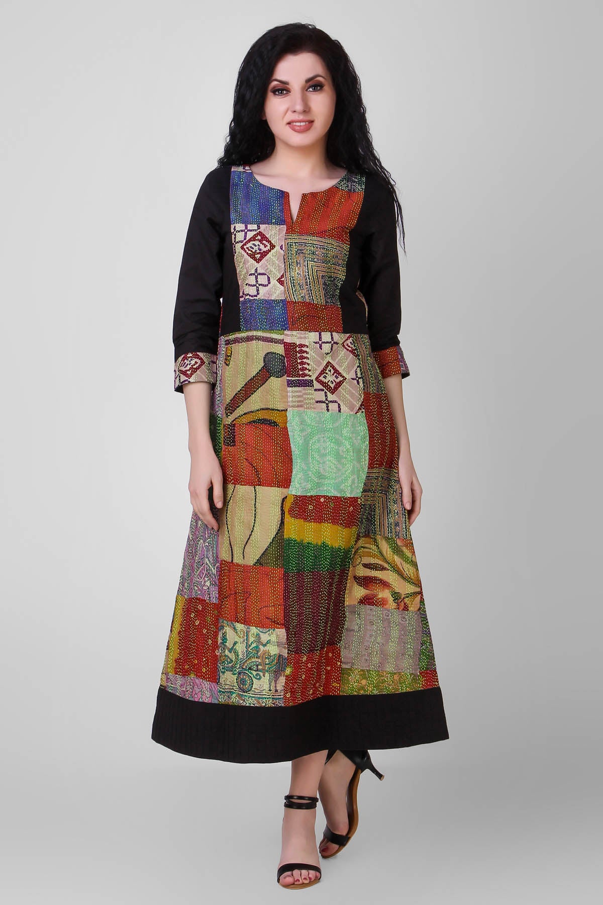 Black Cotton Silk Kantha Dress