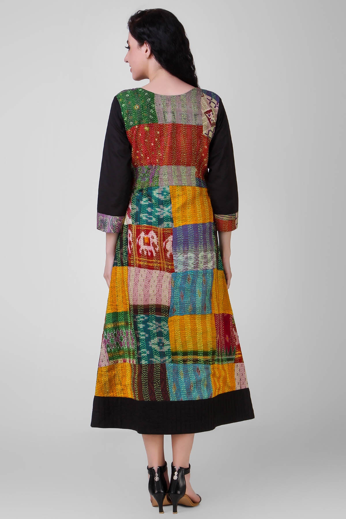 Black Cotton Silk Kantha Dress
