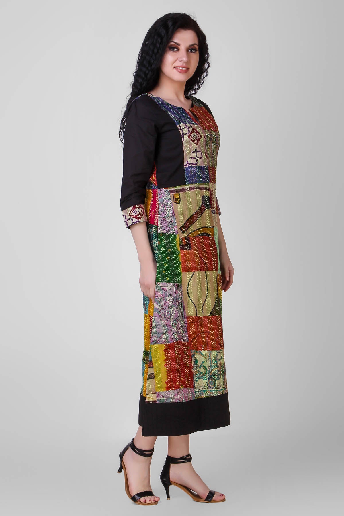 Black Cotton Silk Kantha Dress