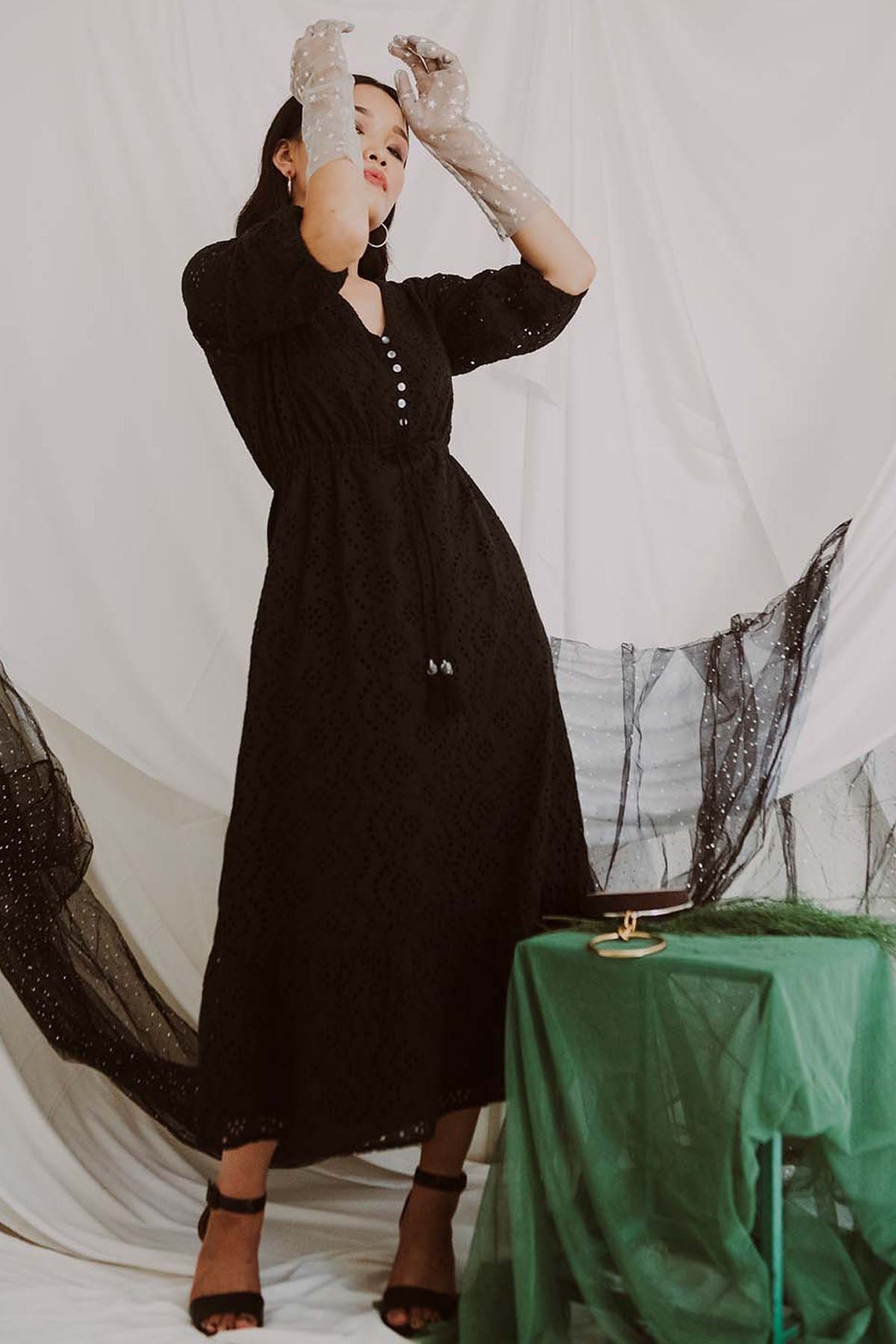 Black Cotton V-Neck Dress