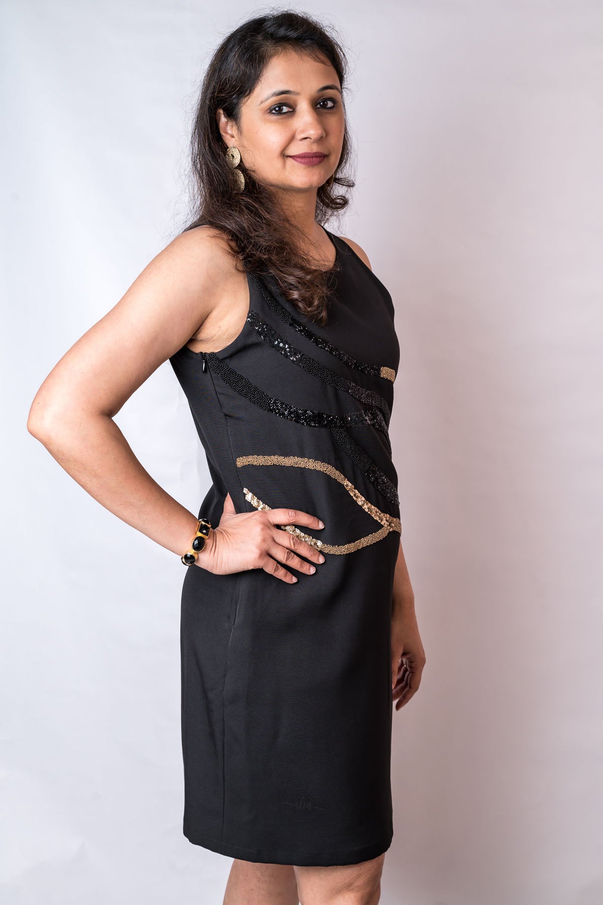 Black Crepe Gold Sequins Dress