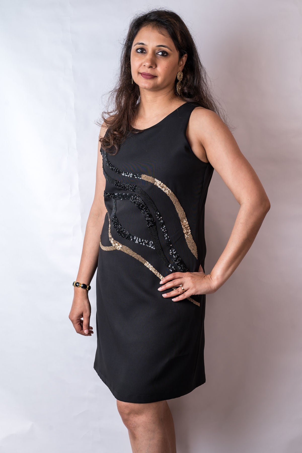 Black Crepe Gold Sequins Dress