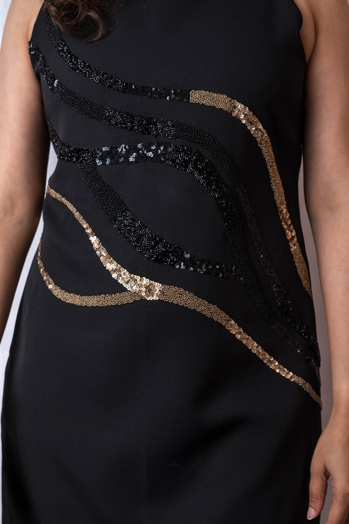 Black Crepe Gold Sequins Dress