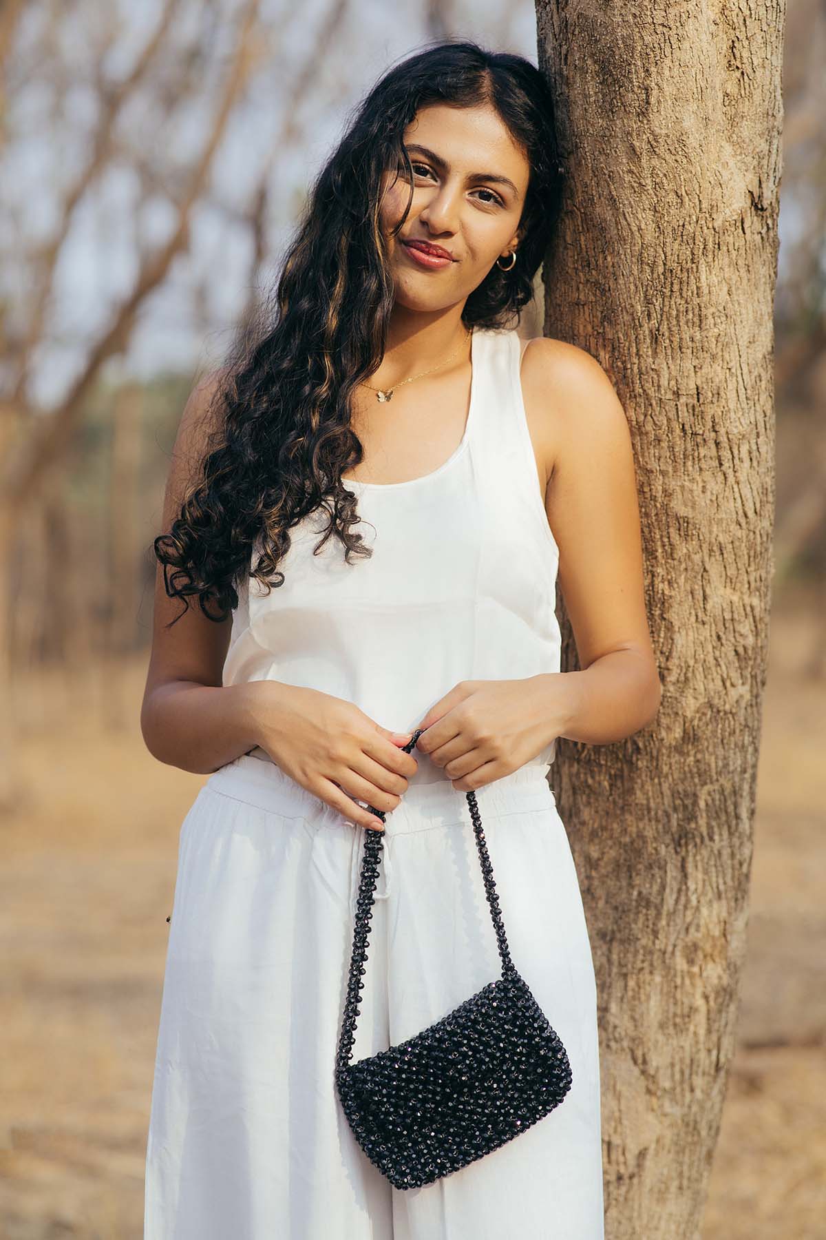 Black Crystal Beads Shoulder Bag