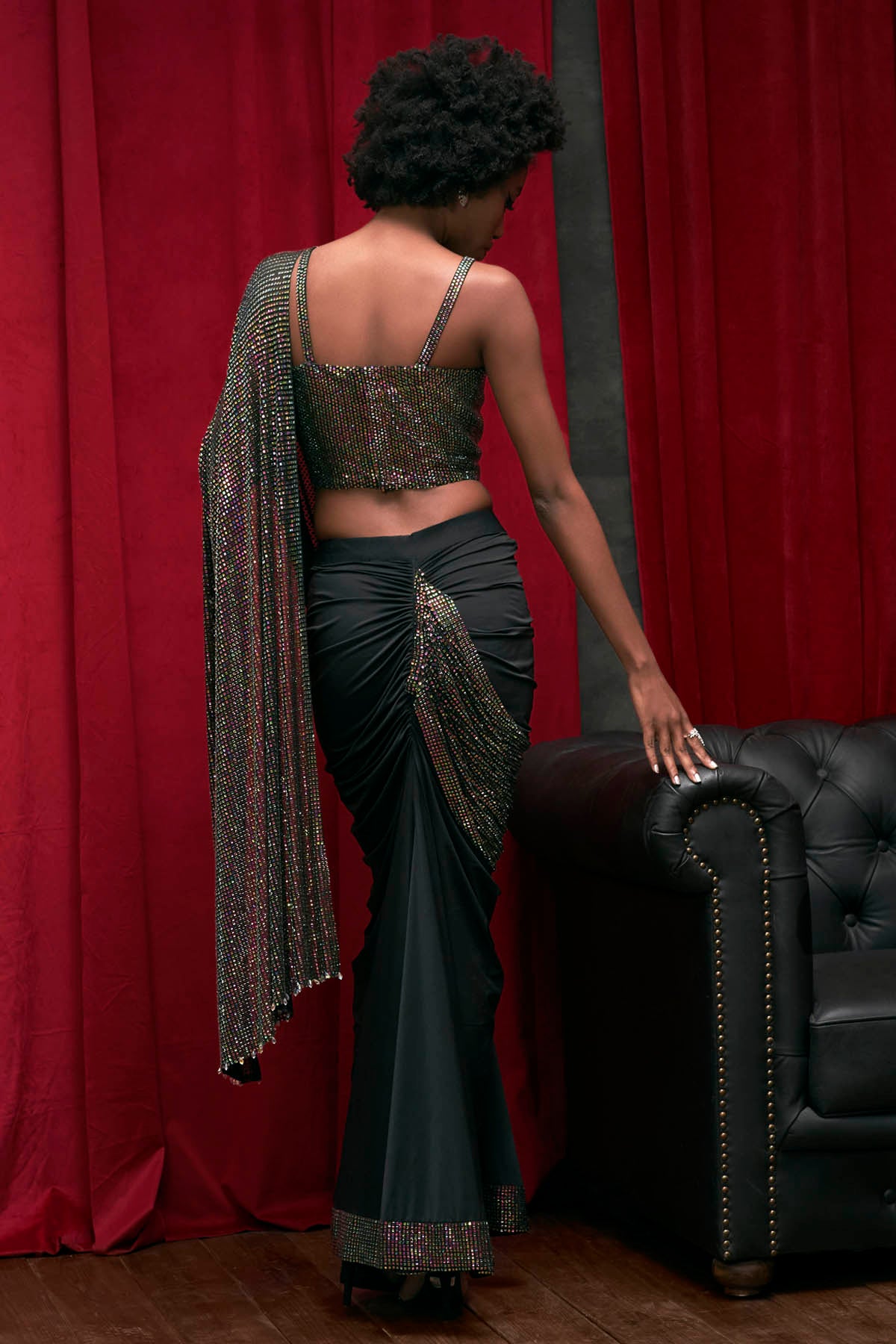 Black Draped Skirt Saree Set