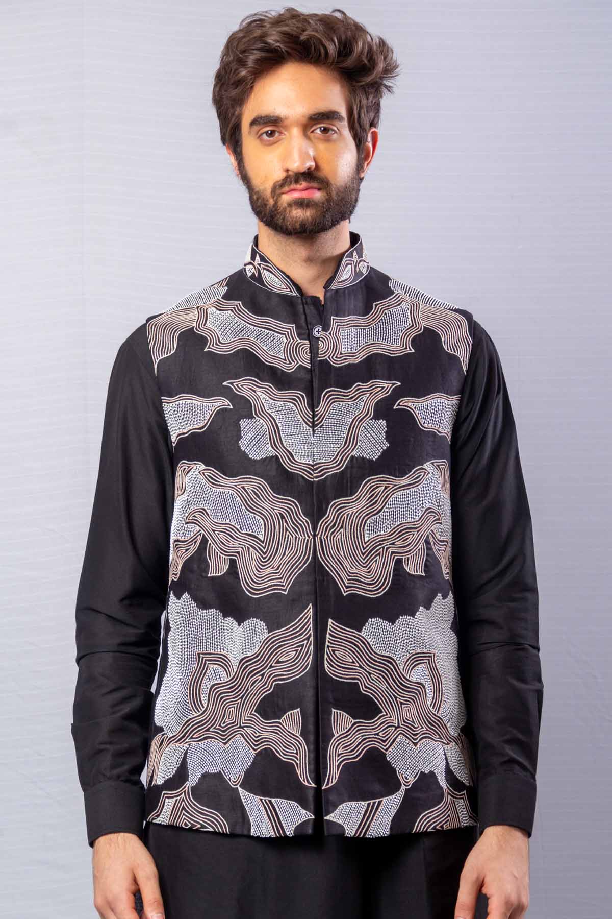 Black Raw Silk Bundi Set