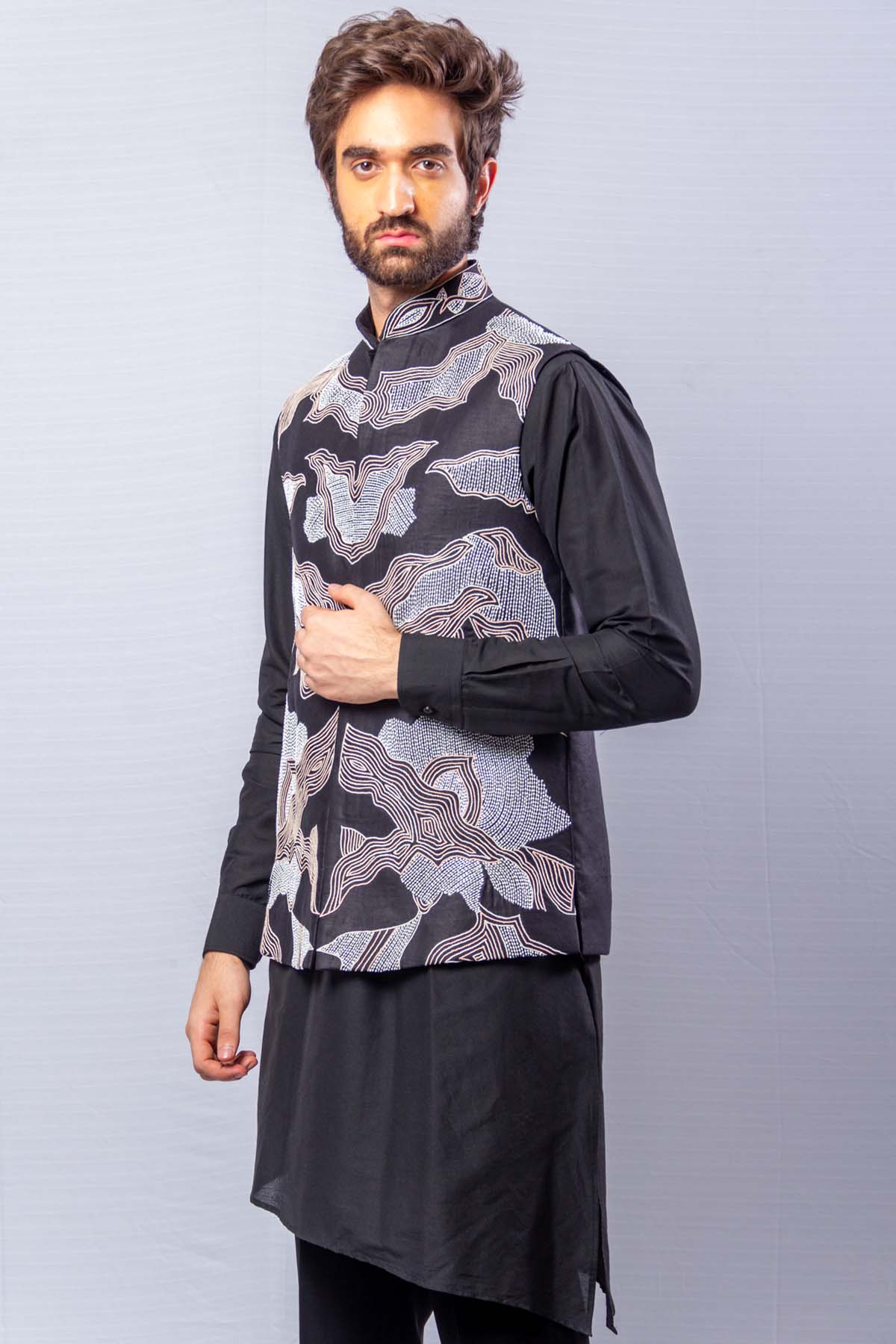 Black Raw Silk Bundi Set