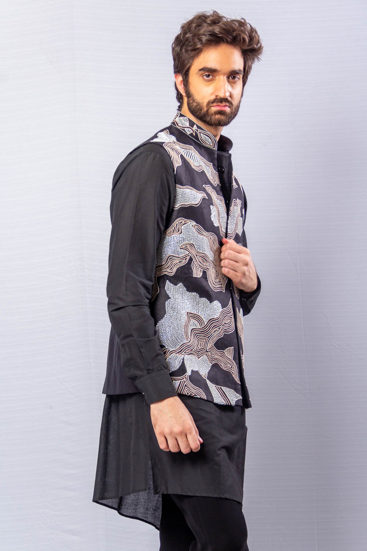 Black Raw Silk Bundi Set