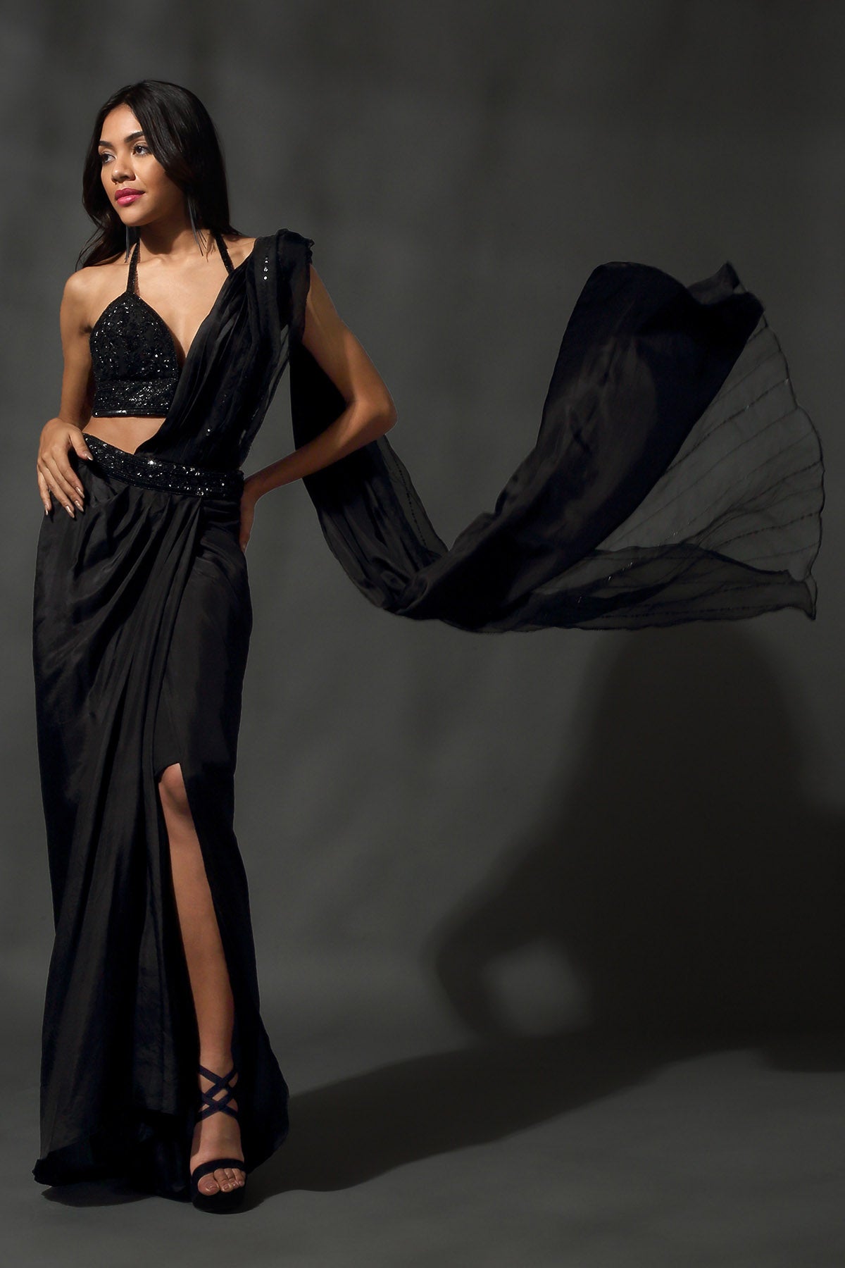 Black Embroidered Drape Saree