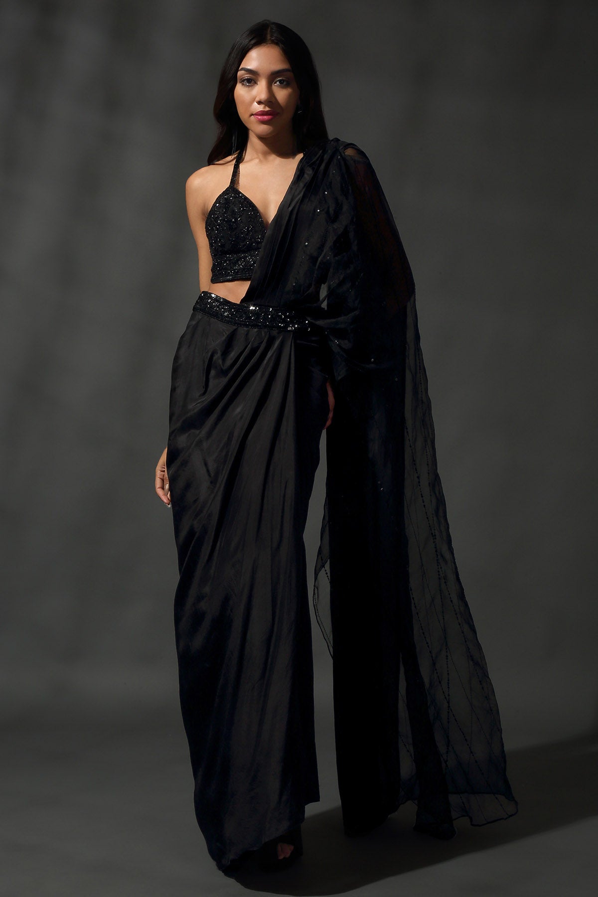 Black Embroidered Drape Saree
