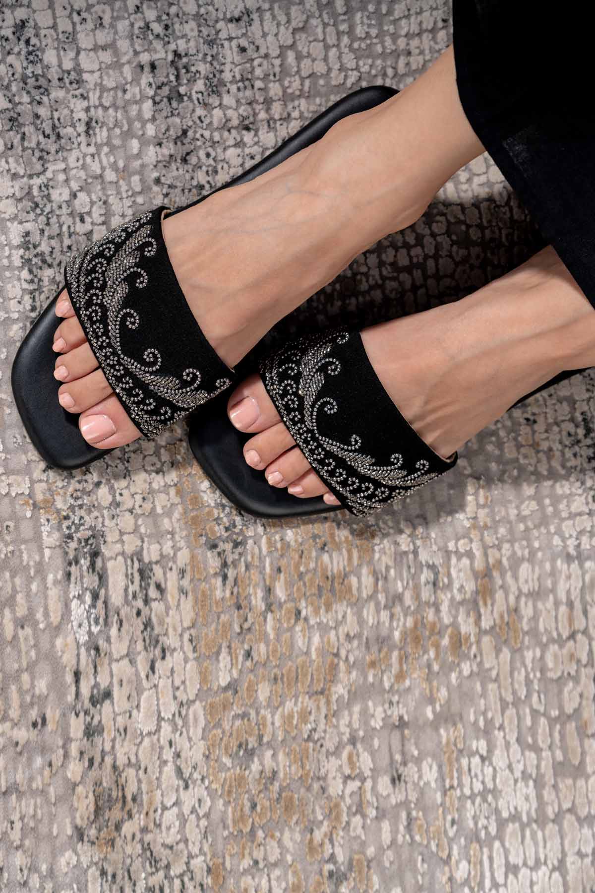 Black Embroidered Slip-On