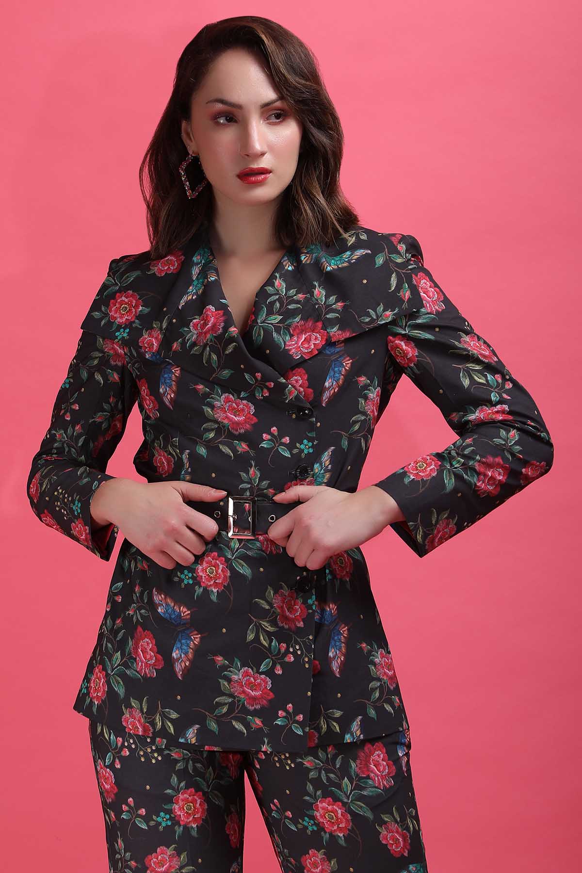 Black Floral Blazer Set