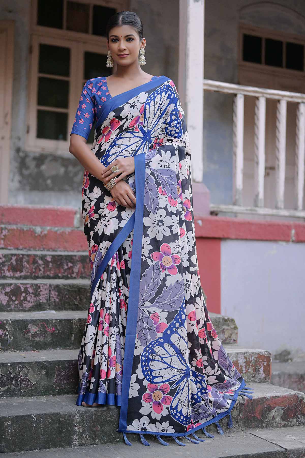 Black Floral Cotton Silk Saree