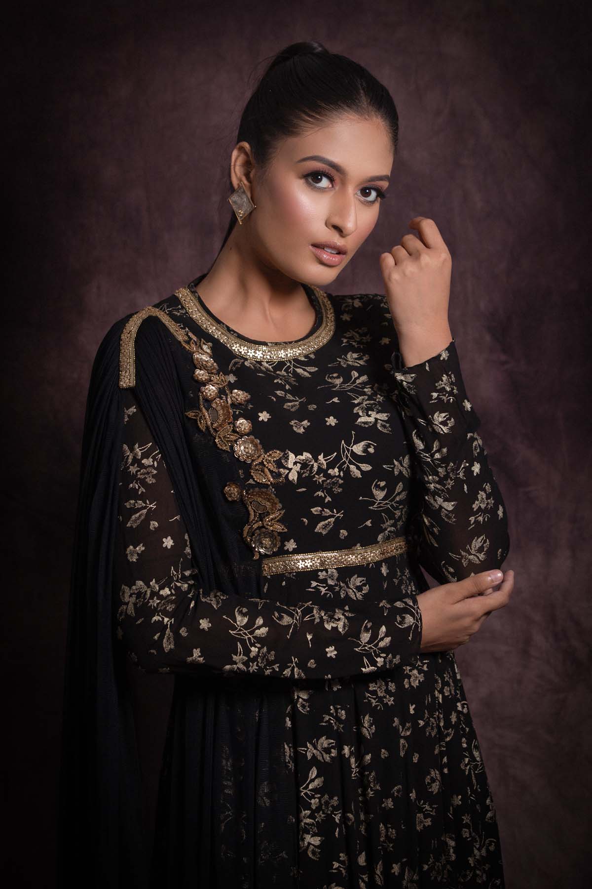 Black Foil Print Anarkali Gown