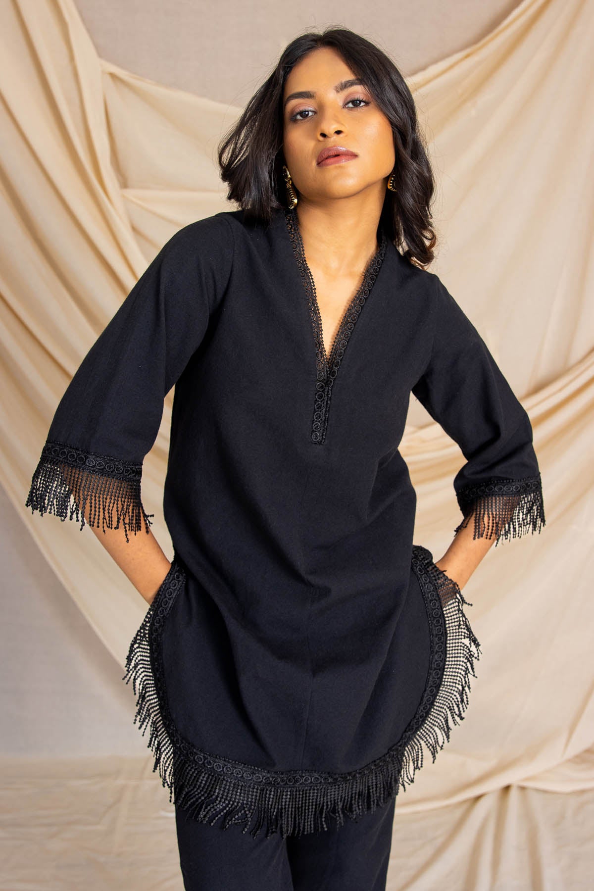 Black Fringed Kurta & Pants