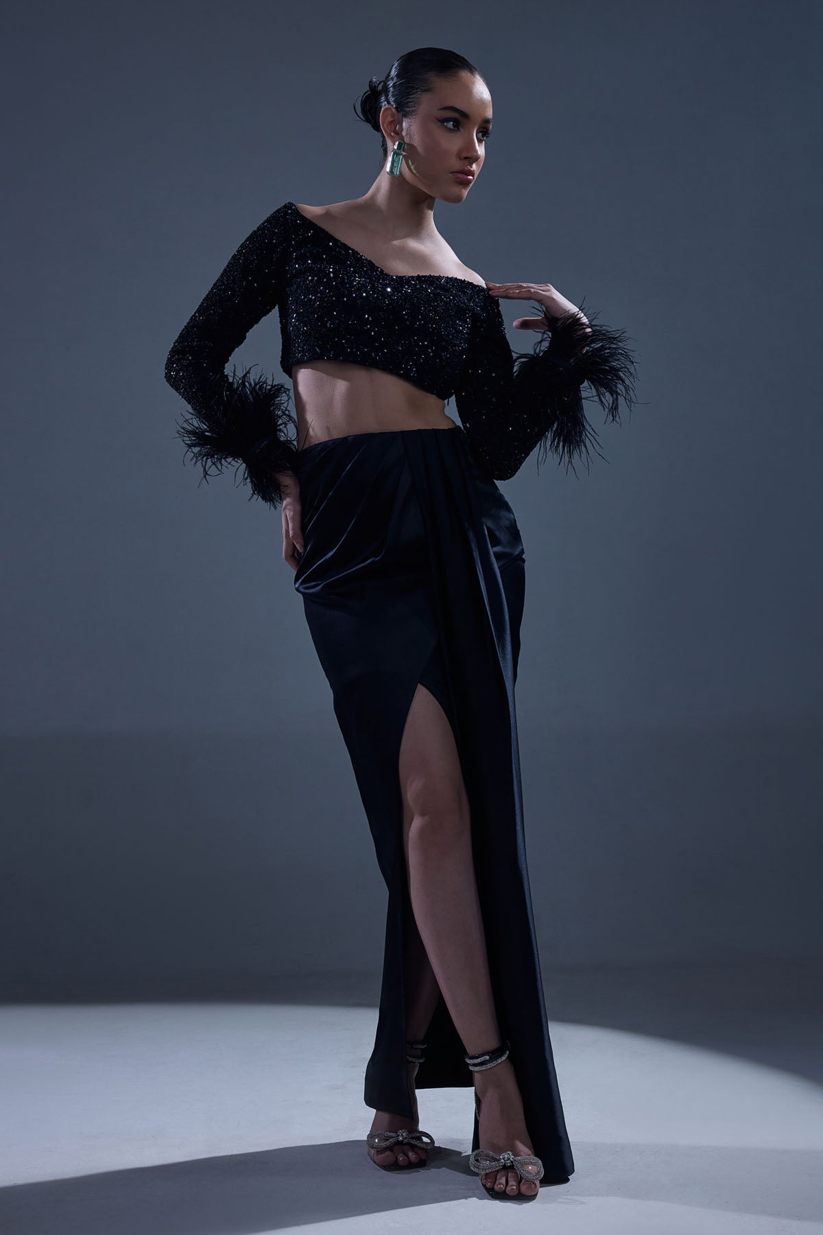 Black German Satin Sequins Lehenga Set