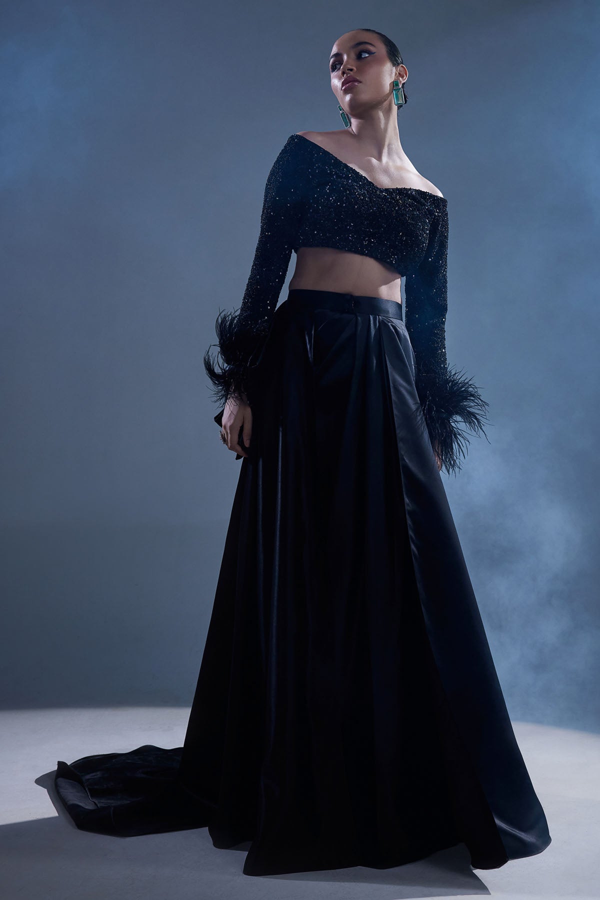 Black German Satin Sequins Lehenga Set