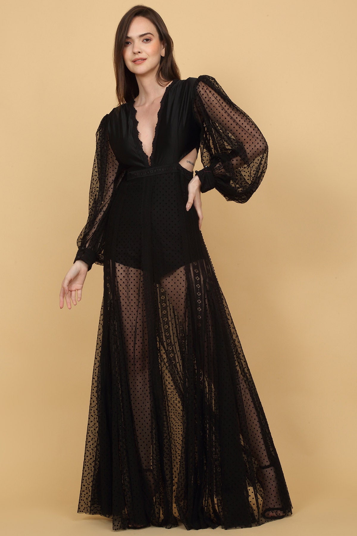 Black Laced Plunge Neck Gown