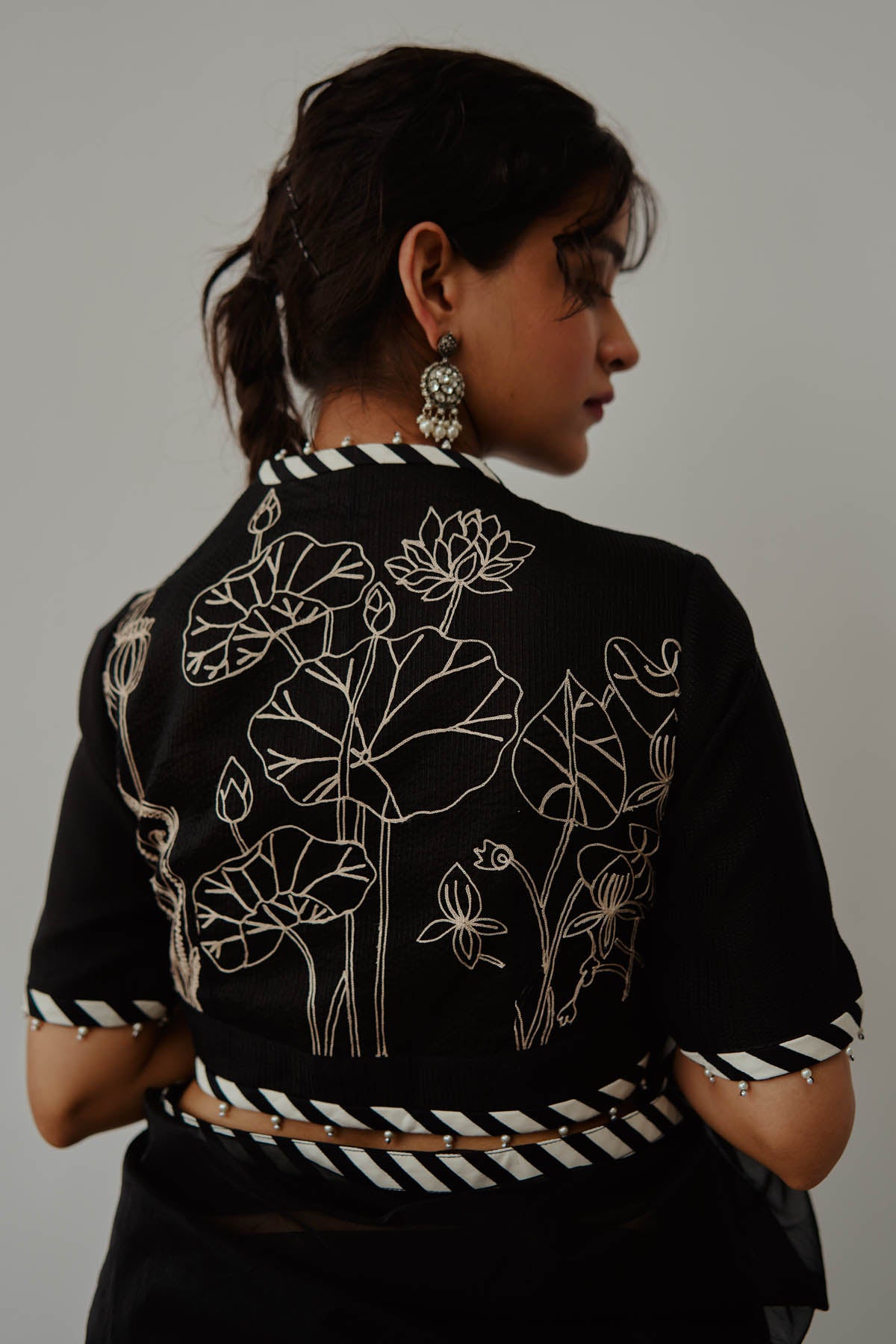 Black Lotus Embroidered Saree Set