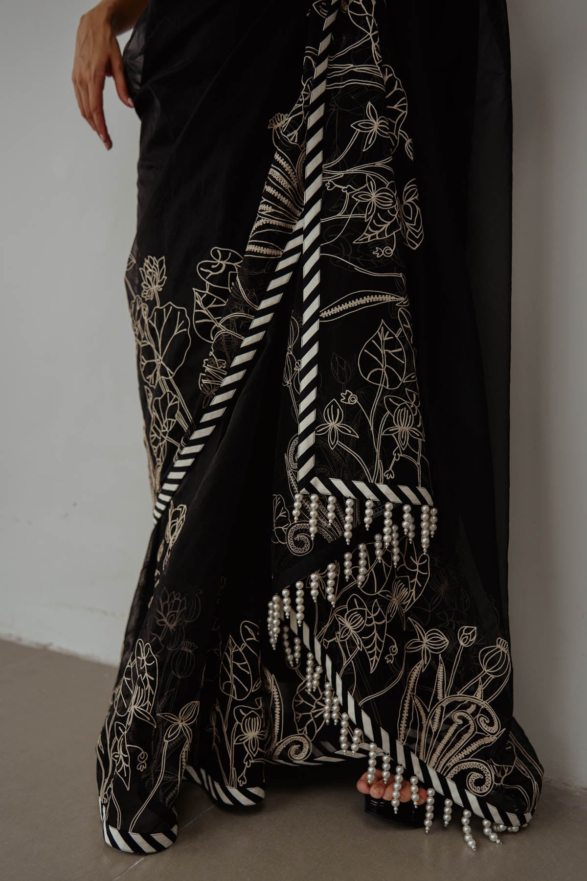 Black Lotus Embroidered Saree Set