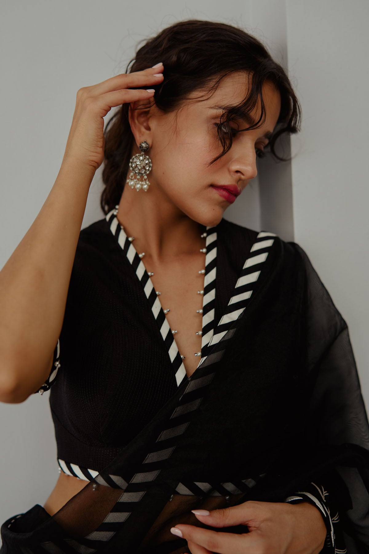 Black Lotus Embroidered Saree Set