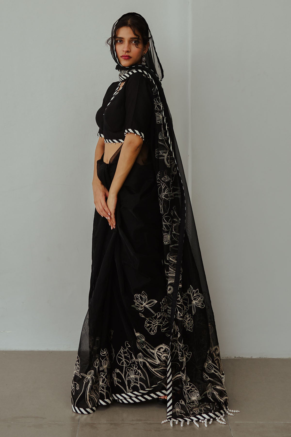 Black Lotus Embroidered Saree Set