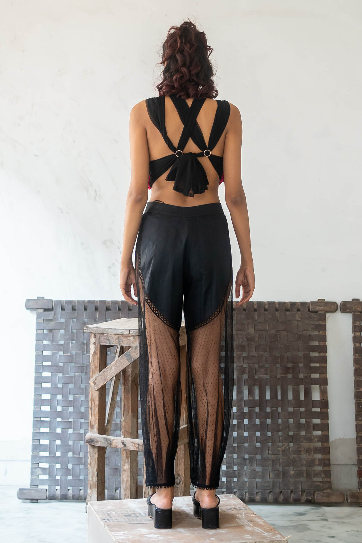 Black Plumeti Pleated Pants