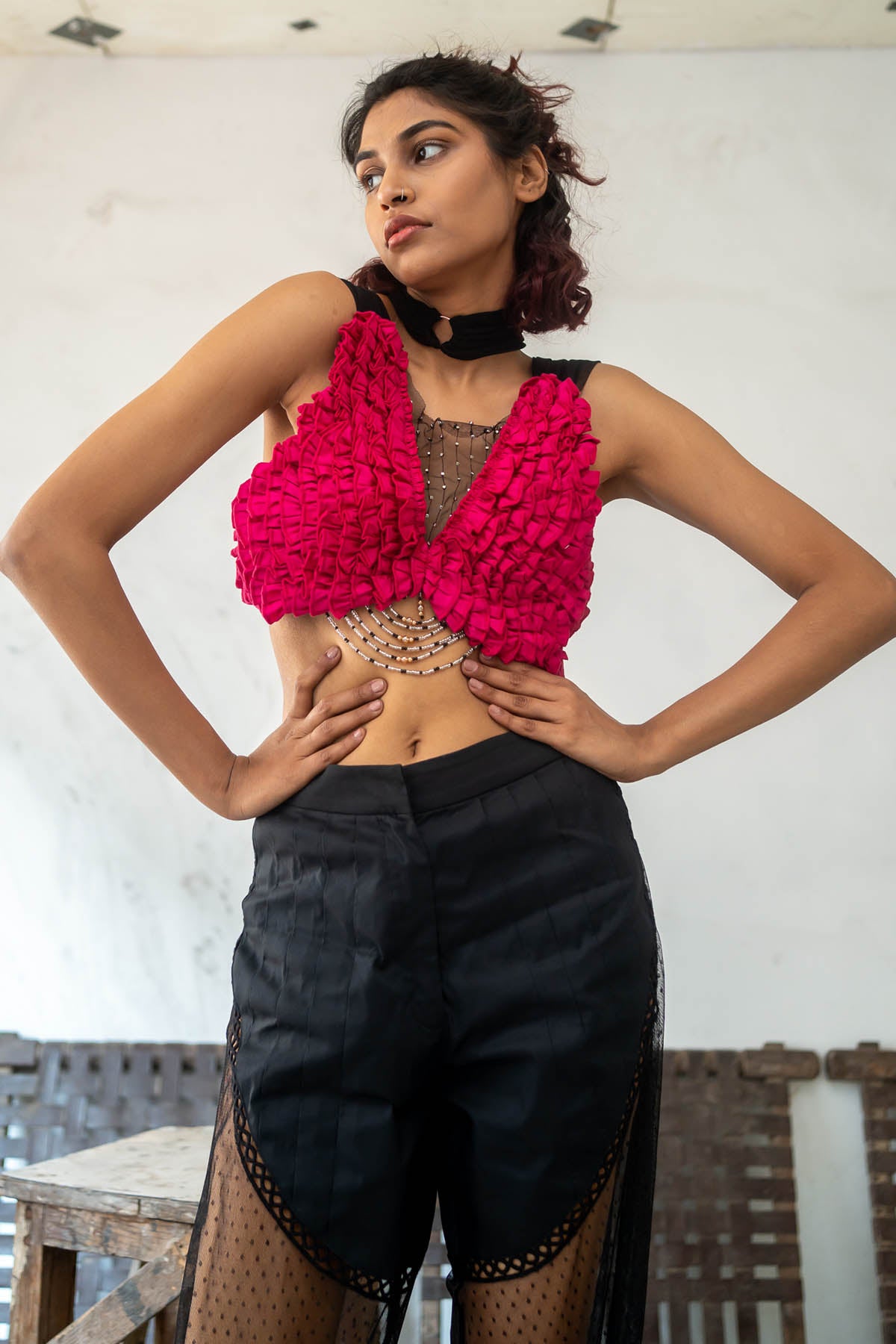 Black Plumeti Pleated Pants