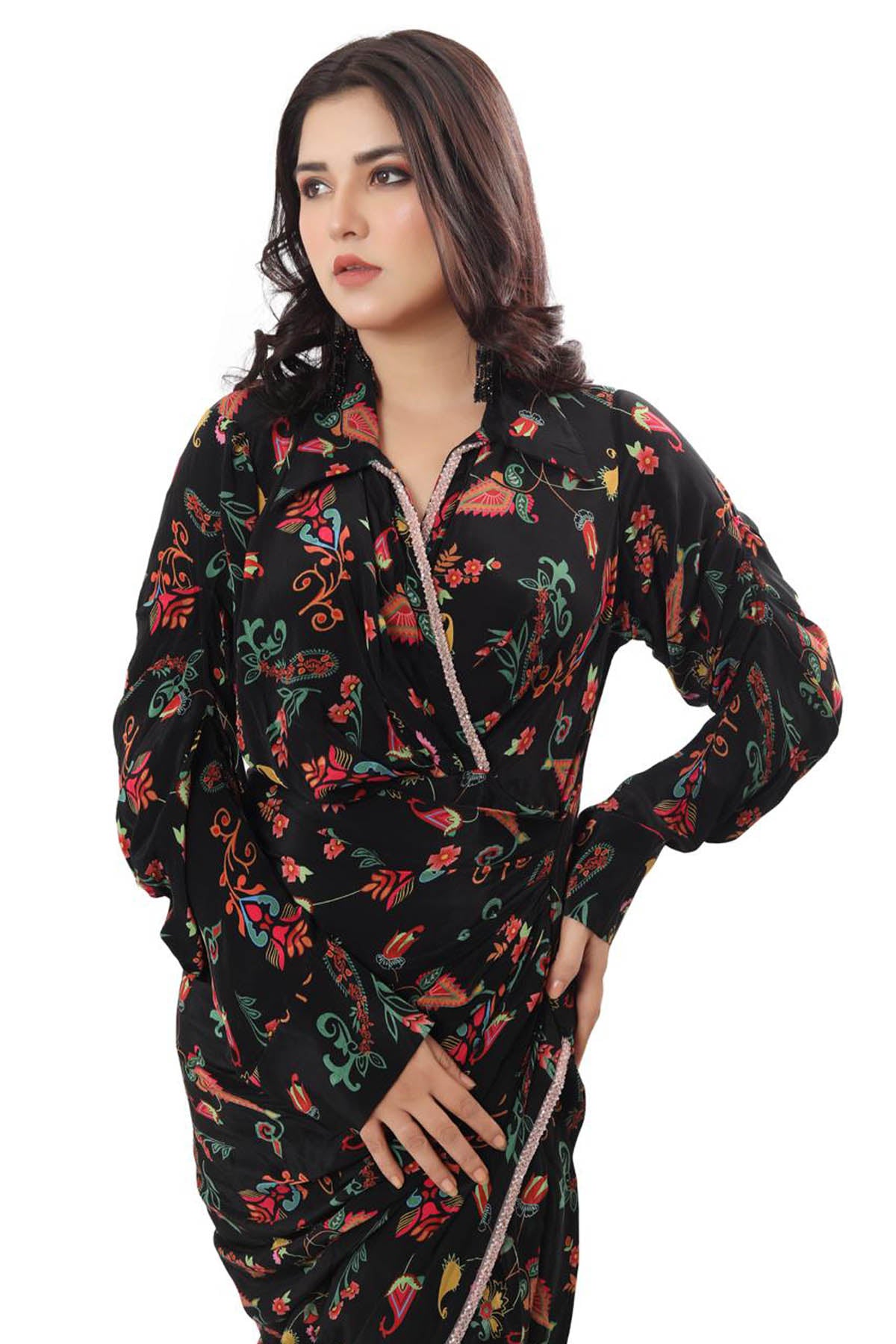 Black Printed Drape Dress