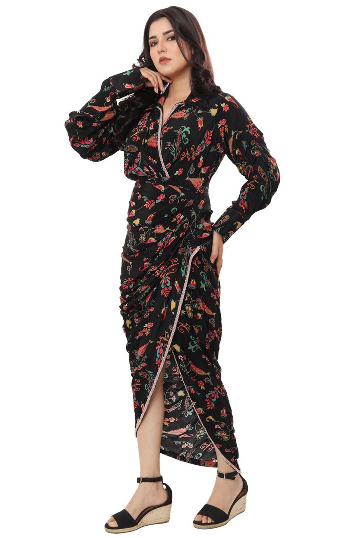 Black Printed Drape Dress