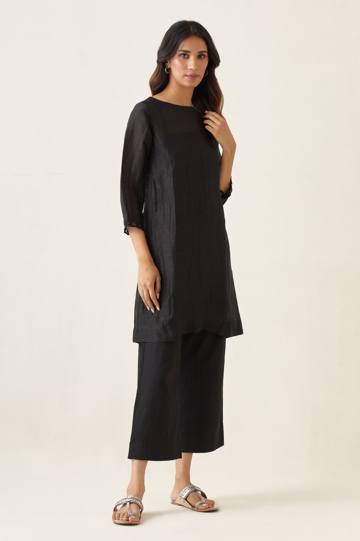 Black Pure Linen Silk Kurta Set