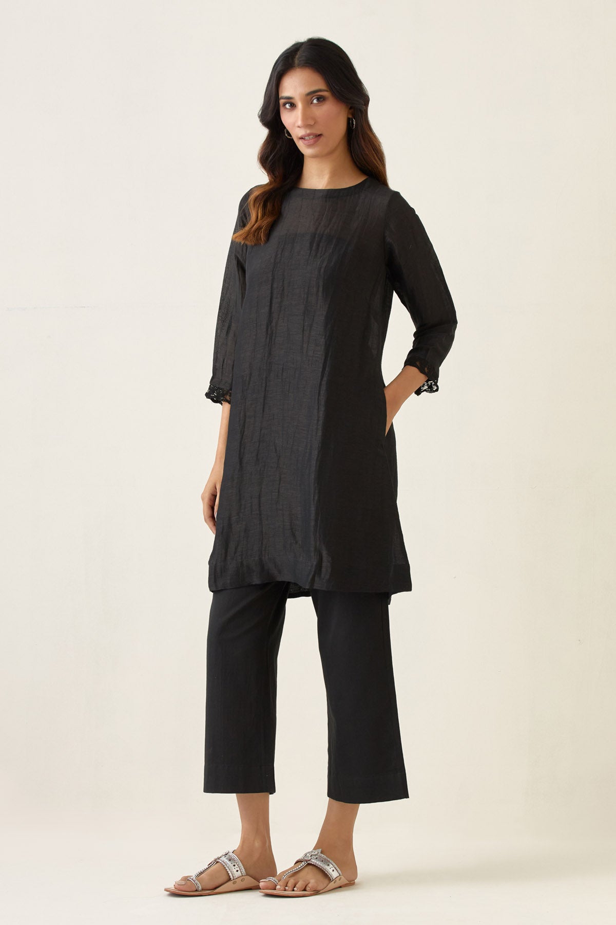 Black Pure Linen Silk Kurta Set