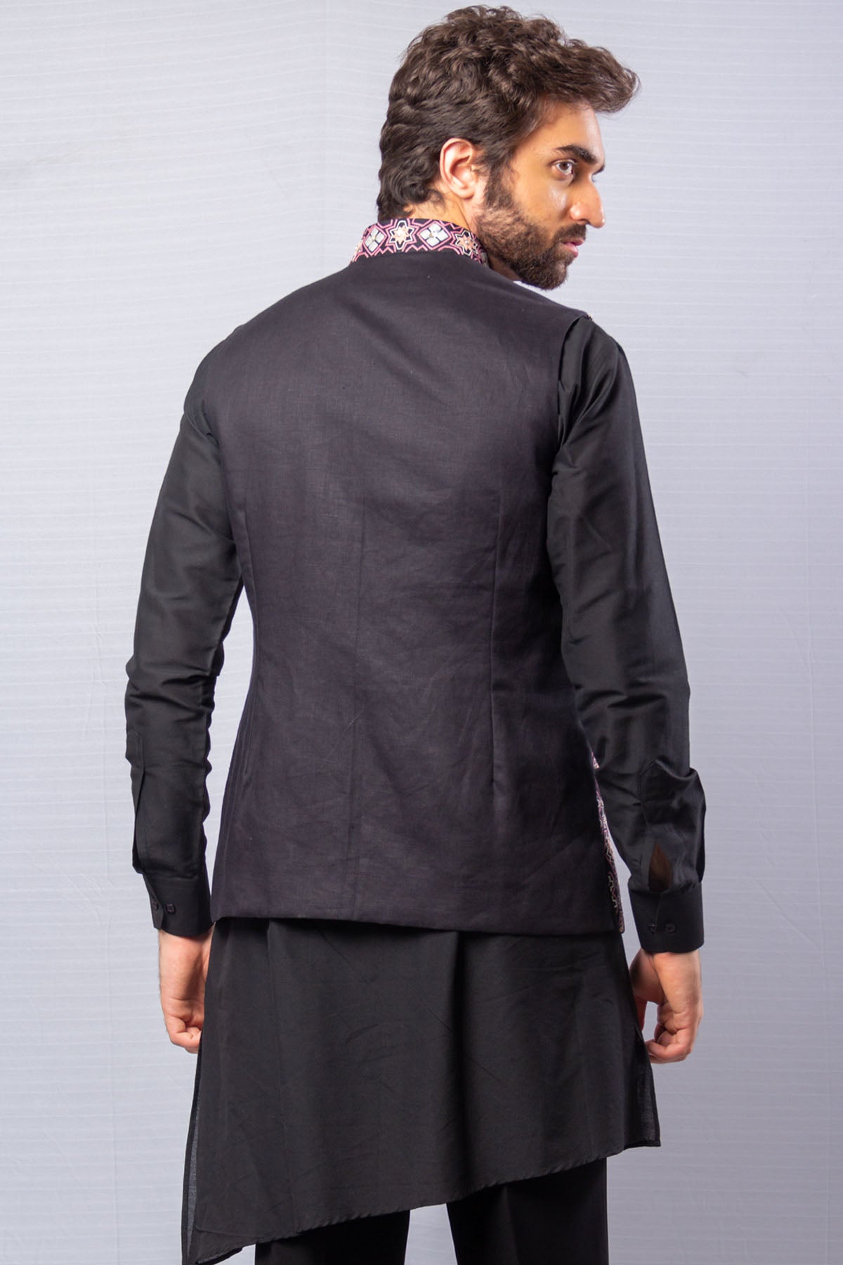 Black Raw Silk Bundi Kurta Set