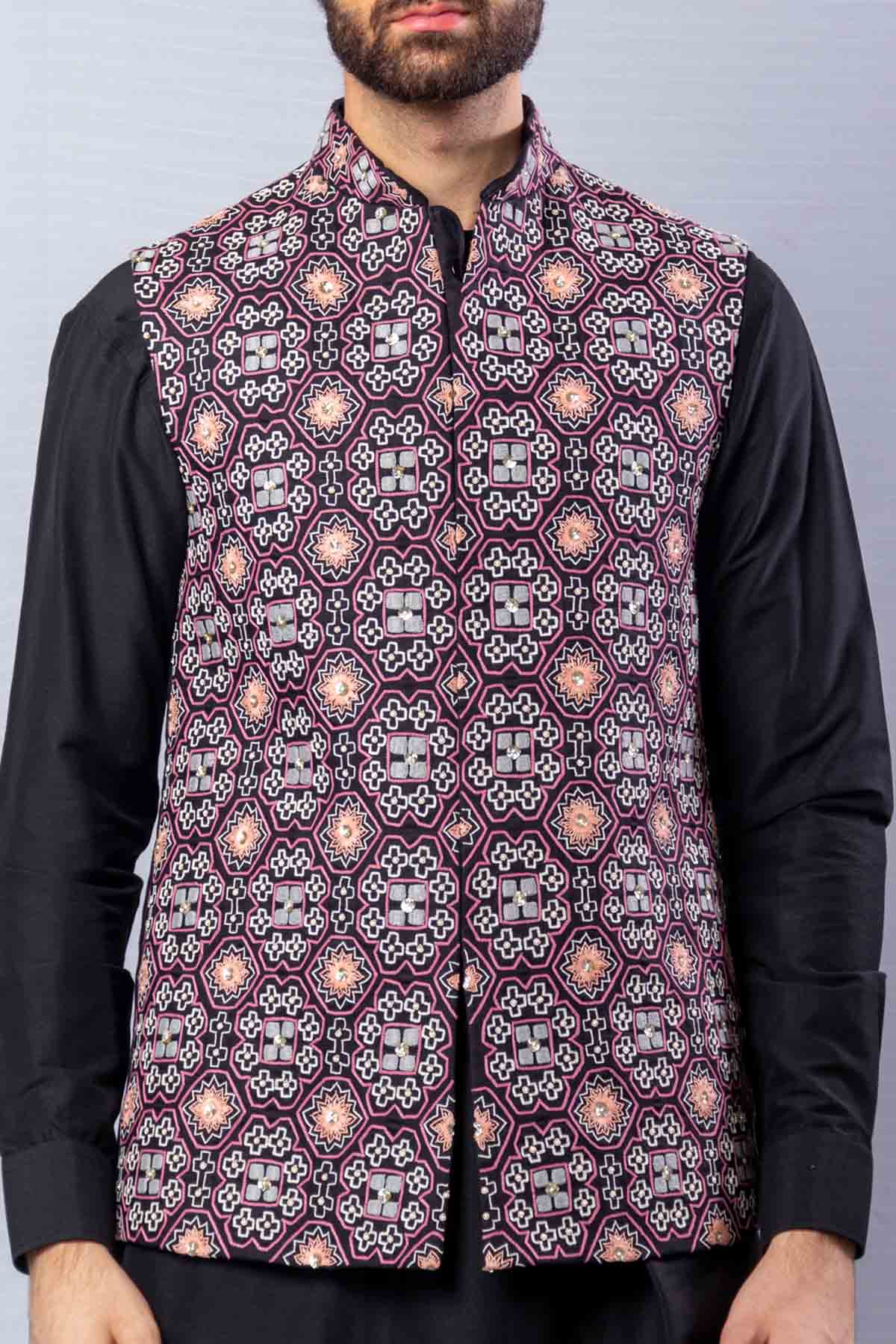 Black Raw Silk Bundi Kurta Set