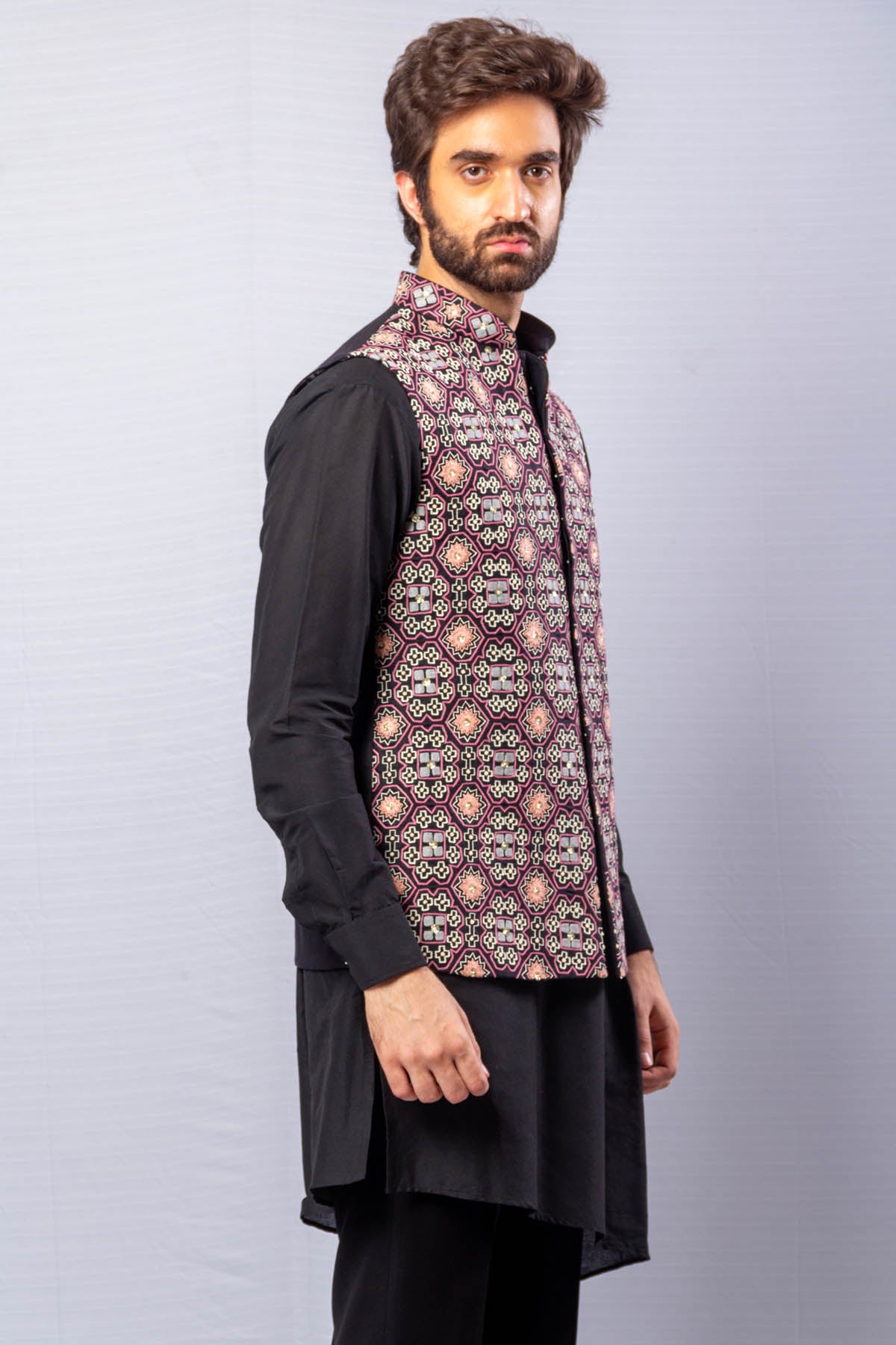 Black Raw Silk Bundi Kurta Set