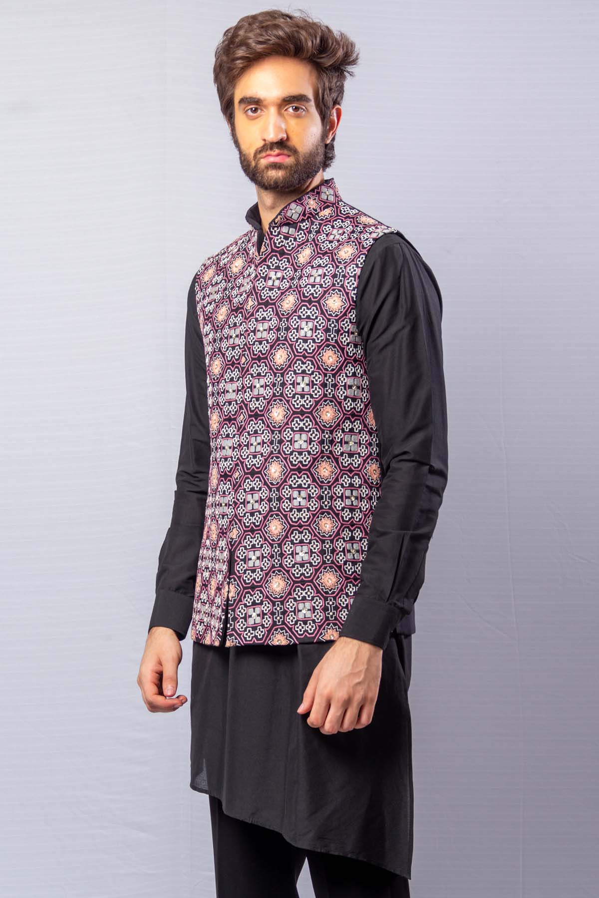 Black Raw Silk Bundi Kurta Set