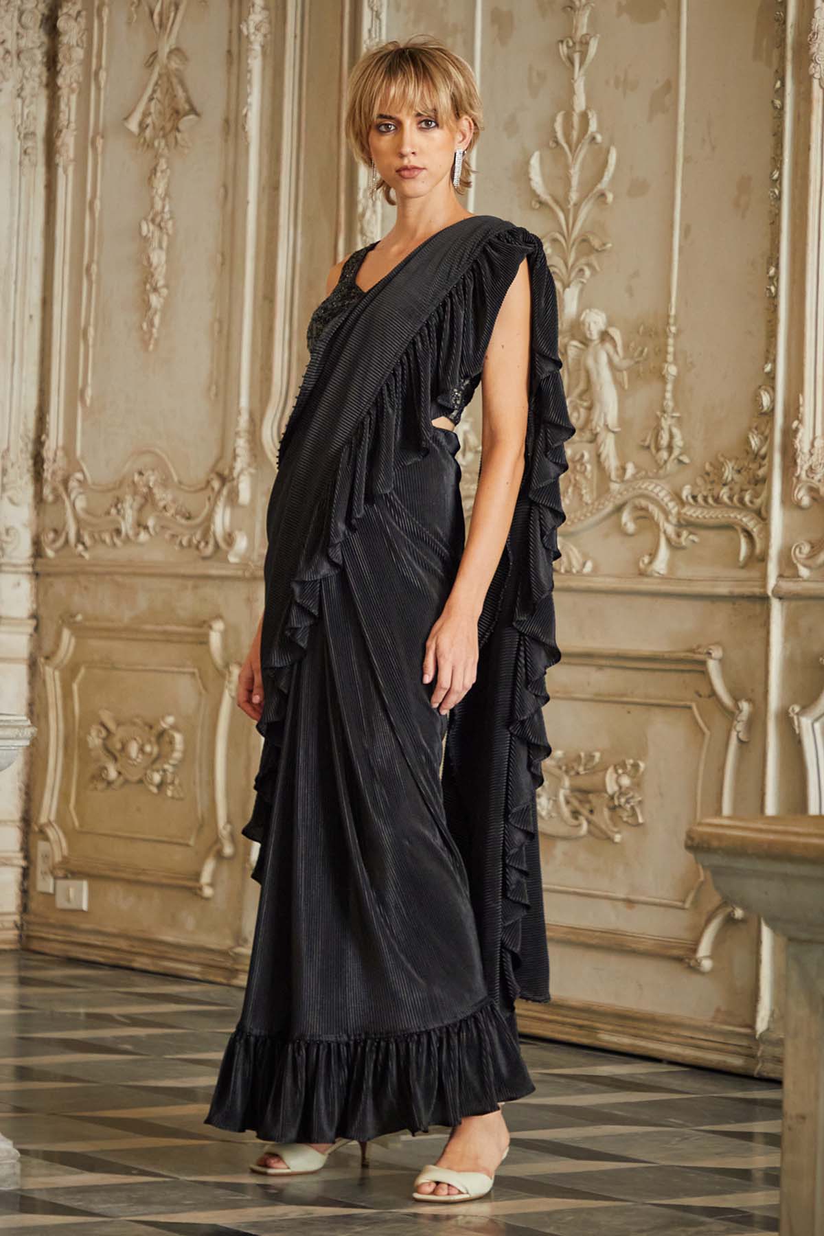 Black Ruffle Saree Set