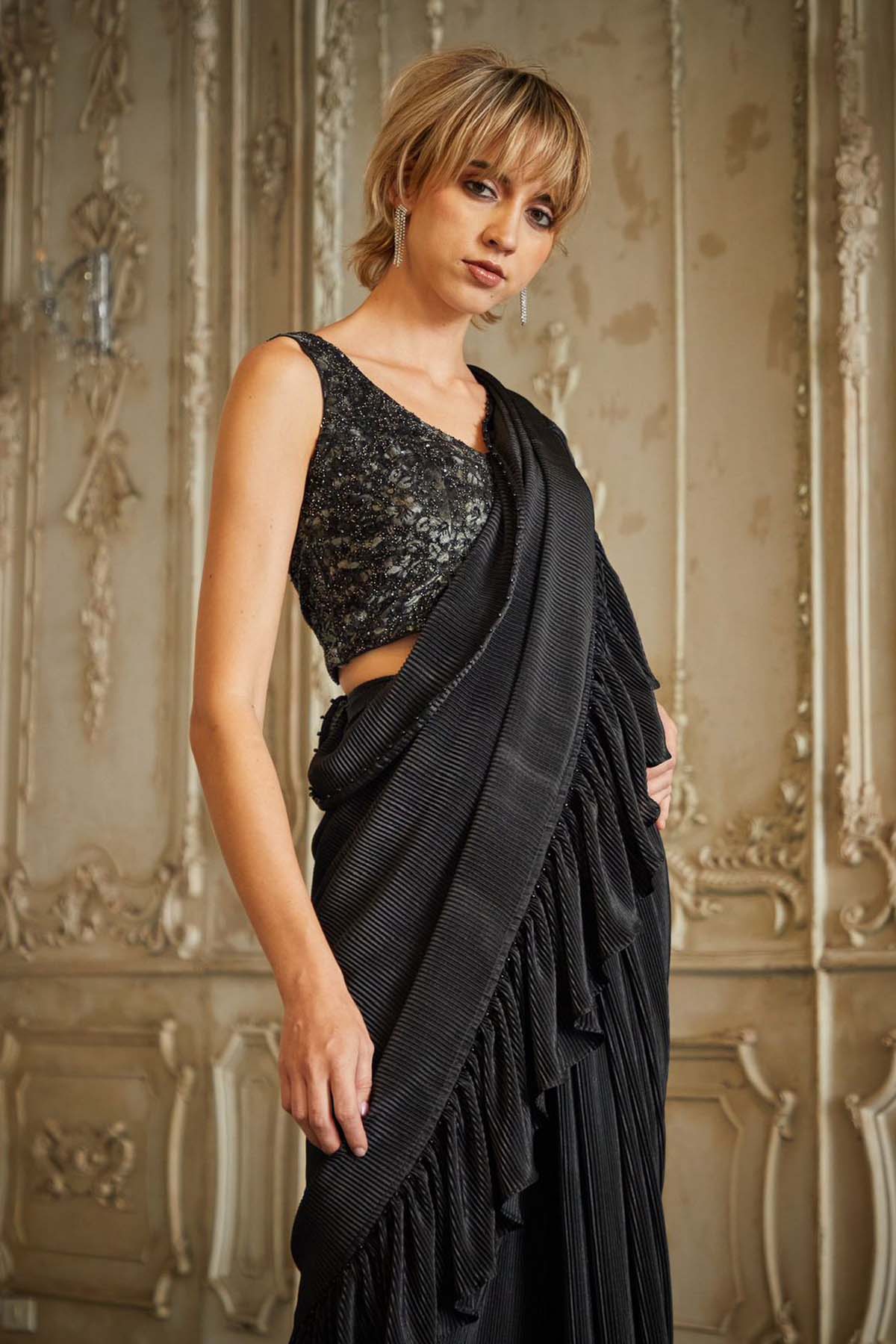 Black Ruffle Saree Set