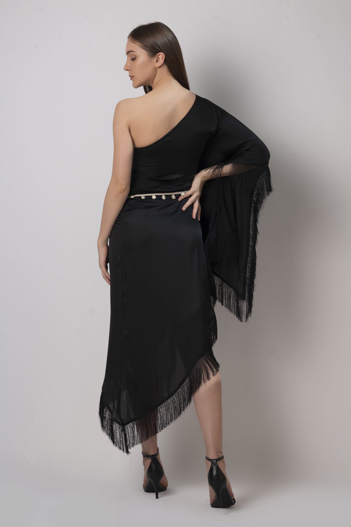 Black Satin One Shoulder Kaftan