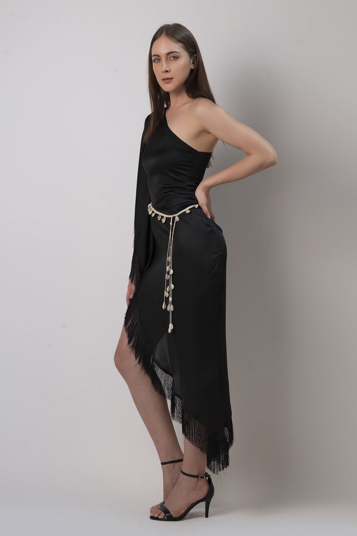 Black Satin One Shoulder Kaftan