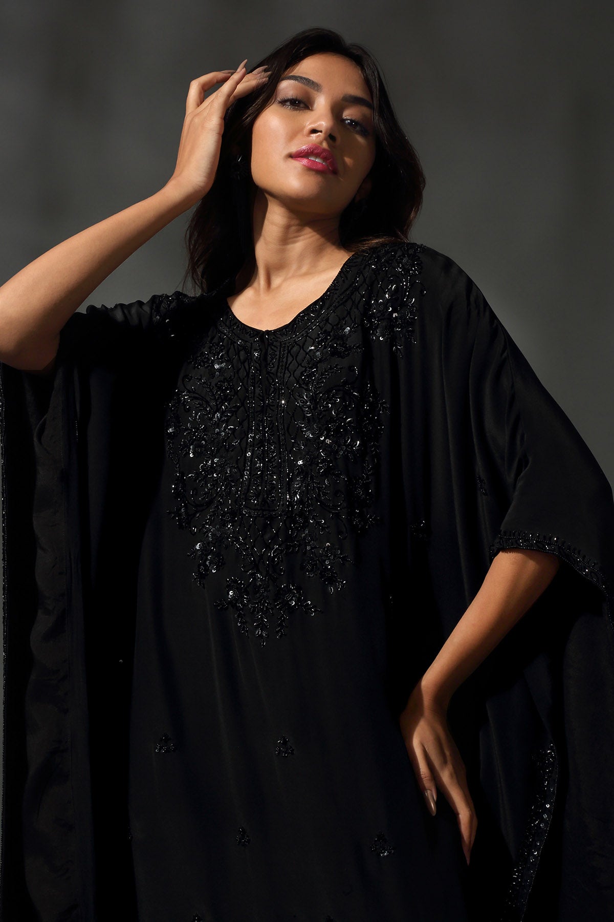 Black Sequins & Beads Kaftan Set