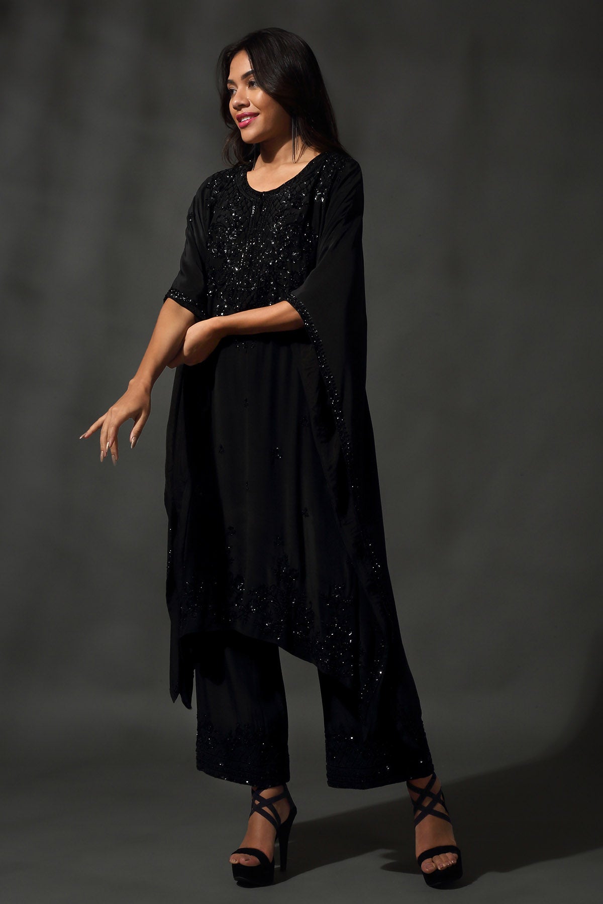 Black Sequins & Beads Kaftan Set