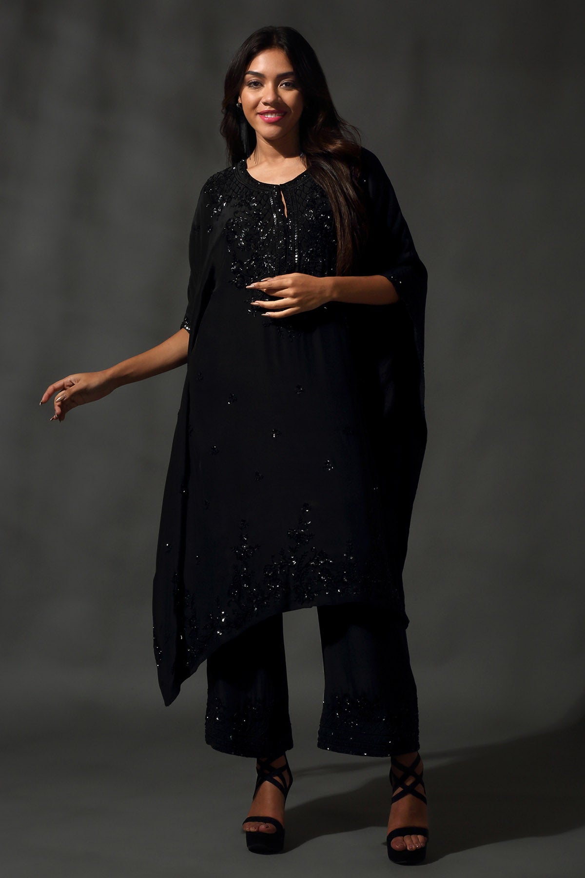 Black Sequins & Beads Kaftan Set