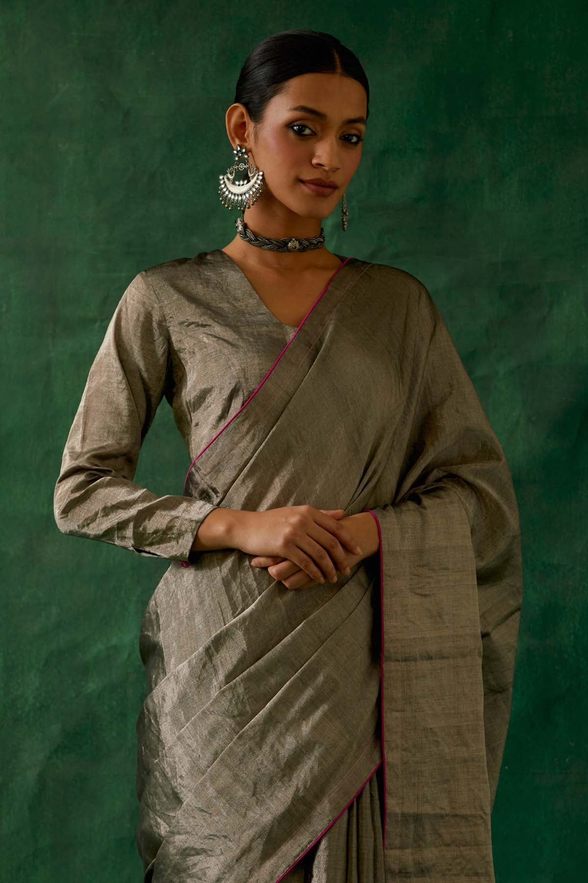 Black Silver Contrast Piping Saree Set